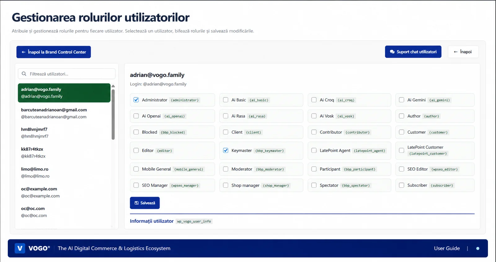 Gestionarea rolurilor utilizatorilor